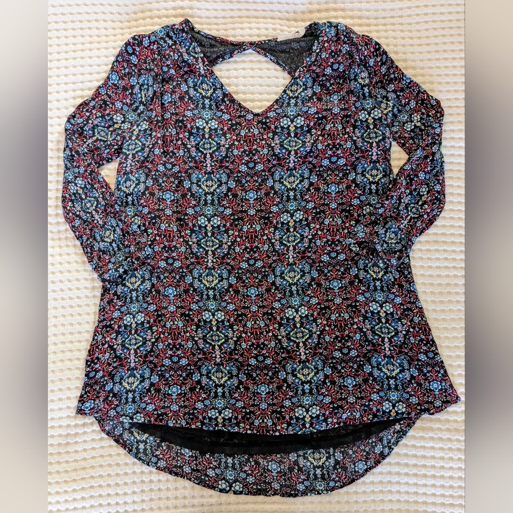 Lush Jewel Toned Floral Flowy Black Tunic Blouse Business Casual Office Size S